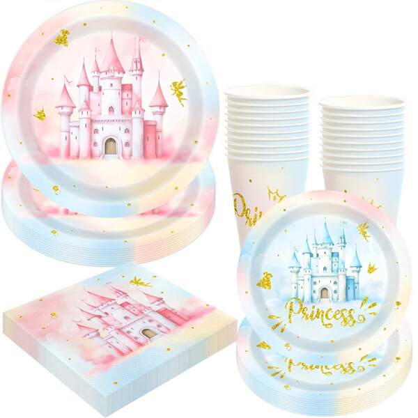 Fournitures pour fête d'anniversaire de château de princesse, set d'assiettes et de serviettes pour 10 invités, décoration de fête d'anniversaire arc-en-ciel pastel aquarelle, vaisselle de fête de conte de fées, assiettes, gobelets en papier, serviettes