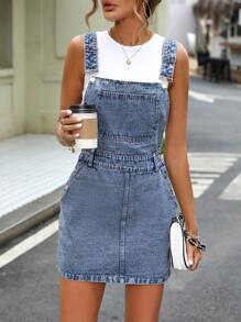 Women's Casual Versatile Denim Pocket Suspender Mini Dress