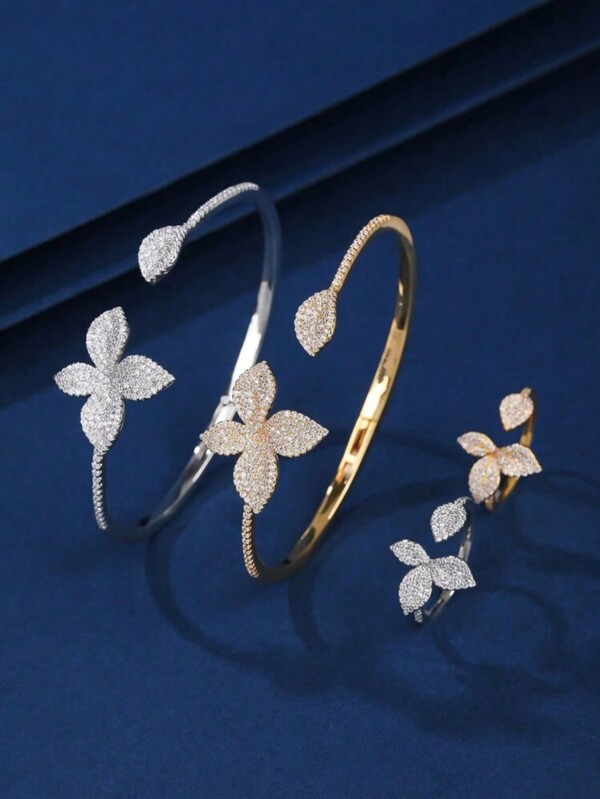 2 pezzi set di gioielli bracciale e anello in rame, design combinato con zirconi cristallo a motivo floreale, alla moda e affascinante, adatto come regalo e per occasioni quotidiane
