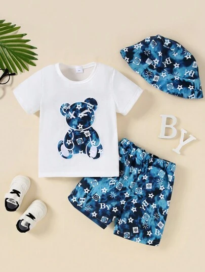 Young Boys 3Pcs Set: Cartoon Bear Embroidery Casual Cute Round Neck Short Sleeve Top, Allover Print Fashionable Round Cap, Allover Print Relaxed Comfortable Shorts, Summer