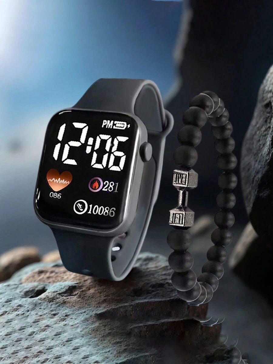 2入組兒童卡通方形數位手錶，數位顯示運動手環 - 黑色 - 查看 1