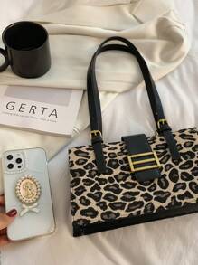 1 件棕色豹纹拉链设计皮革肩带女士单肩包，适合日常通勤、外出、购物、聚会。送给女朋友或节日的时尚礼物