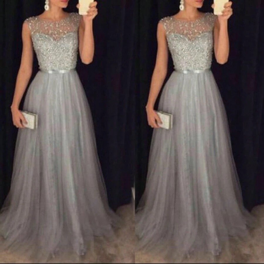 Women Elegant Sleeveless Long Dress Squinied Formal Evening Party Dress Female Wedding Prom Gown Long Maix Dresses - 銀色 - 查看 1