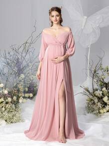 Faeriesty Dressalisa Maternity Off Shoulder Sweetheart Neckline Chiffon Belted Dress