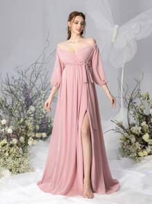 Faeriesty Dressalisa Maternity Off Shoulder Sweetheart Neckline Chiffon Belted Dress