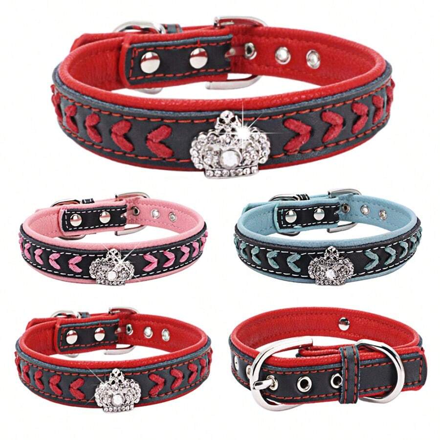 CL156 Woven Decorative Pet Collar, Rhinestone Crown Design Dog Collar, Soft Lining For More Comfort, Suitable For Small/Medium/Large Dogs - Multicolor - View 1
