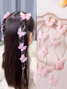 2个粉色珍珠蝴蝶编织发链发夹，适合小女孩，仙女般甜美的流苏编织发圈，适合女孩发夹，公主发饰（纸卡仅供展示） - 蝴蝶編髮鏈 - 查看 2