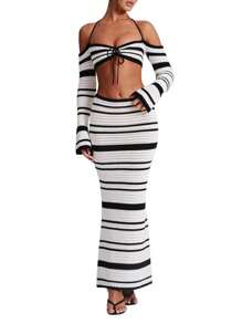 Women's 2 Piece Skirt Outfits Halter Neck Knit Striped Tops Long Skinny Skirt Set - 白色 - 查看 1