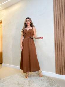 SUNNY FASHION Linen Midi Dress - Rỉ Nâu - Xem 3
