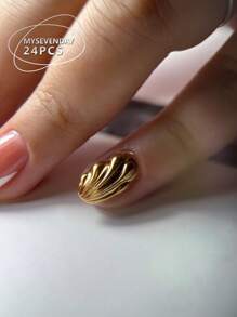 24片中号杏仁形按压式假指甲，金色镶边，甜美别致的法式风格，包含1片果冻胶和1个指甲锉，适合女士派对、舞会、日常佩戴，可重复使用的美甲用品。 - 彩色 - 查看 4