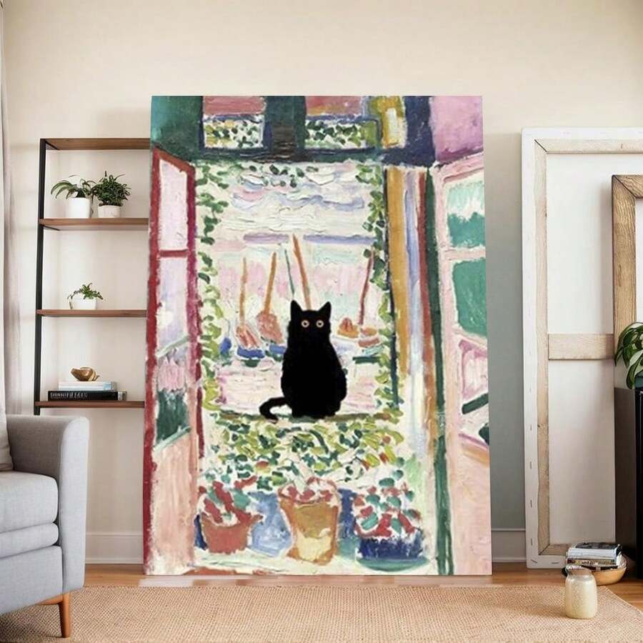 Framed Henri Matisse On Canvas Wall Art Matisse Famous Open Window Black Cat Poster Funny Cat Floral Print Colorful Farmhouse Gallery Aesthetic Room Decor For Bedroom Bathroom - 框架 - 查看 1