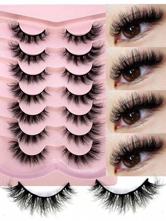 7 Pairs/Pack Thick Curly Fluffy Volume False Eyelashes Mink Lashes Cat-Eye Look Wispy Long 16mm 8D Volume Fake Eyelash Strips Foxy Eye Lifting Look Extension Full Eyelash Strip To Lengthen And Volumize The Outer Corner Of Your Eye