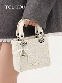 TOUTOU 可爱的蝴蝶结和心形细节设计师灵感手提包，简约复古提花编织手提包，多功能单肩包和斜挎包，适合通勤和约会，是送给爱人和情人节的完美礼物