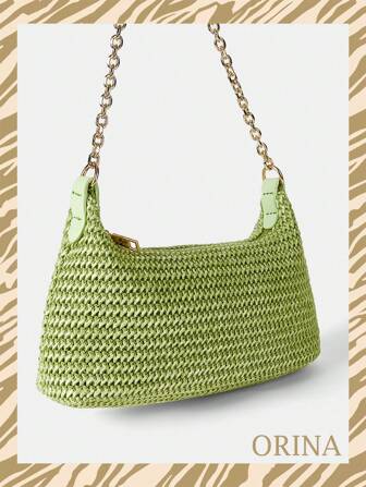 Nueva bolsa de hombro baguette tejida bohemia de cadena fina y con estilo, adecuada para uso casual, vacaciones, salidas y combinación de atuendos