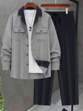 Men's Autumn Thin 2-Piece Set, Contrast Trim Single-Breasted Shirt With Collar, Dual Pockets, Long Sleeve And Drawstring Solid Color Pants, Casual Regular Suit