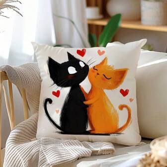 1pc Orange & Black Cartoon Cat Hug Design Decorative Throw Pillow Case, Soft Plush Fabric, Single Sided Print, 45*45CM, Indoor Party/Wedding Gift Decor
