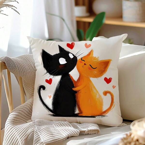 1 Federa decorativa per cuscino, design a gatto cartoni animati arancione e nero in abbraccio, in morbido tessuto, stampa su un solo lato, 45*45CM, decorazione per festa in casa/regalo per matrimonio