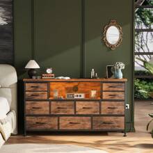 GIKPAL Dresser TV Stand For Living Room With 11 Fabric Drawers, Dresser For Bedroom With Power Outlets And RGB LED Lights, Open Shelf, Chest Of Drawers For Entryway Closet - 鏽棕色 - 查看 10