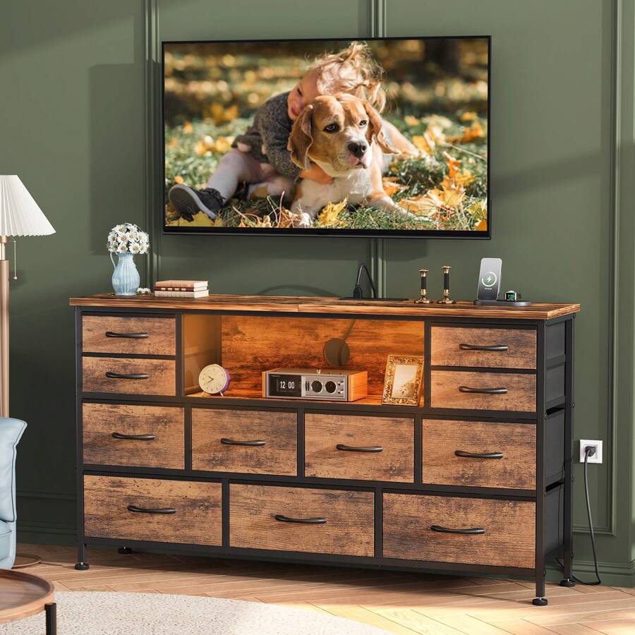 GIKPAL Dresser TV Stand For Living Room With 11 Fabric Drawers, Dresser For Bedroom With Power Outlets And RGB LED Lights, Open Shelf, Chest Of Drawers For Entryway Closet - 鏽棕色 - 查看 1