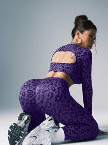 Seamless Leopard Print Sports Long Sleeve Top And Long Pants Set - Purple - View 7