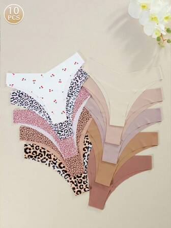 10 st/set Sömlös bikinitrosa för kvinnor i Maillard-färgtoner, elegant leopardtryck med V-format midjeband, mjuk och hudvänlig