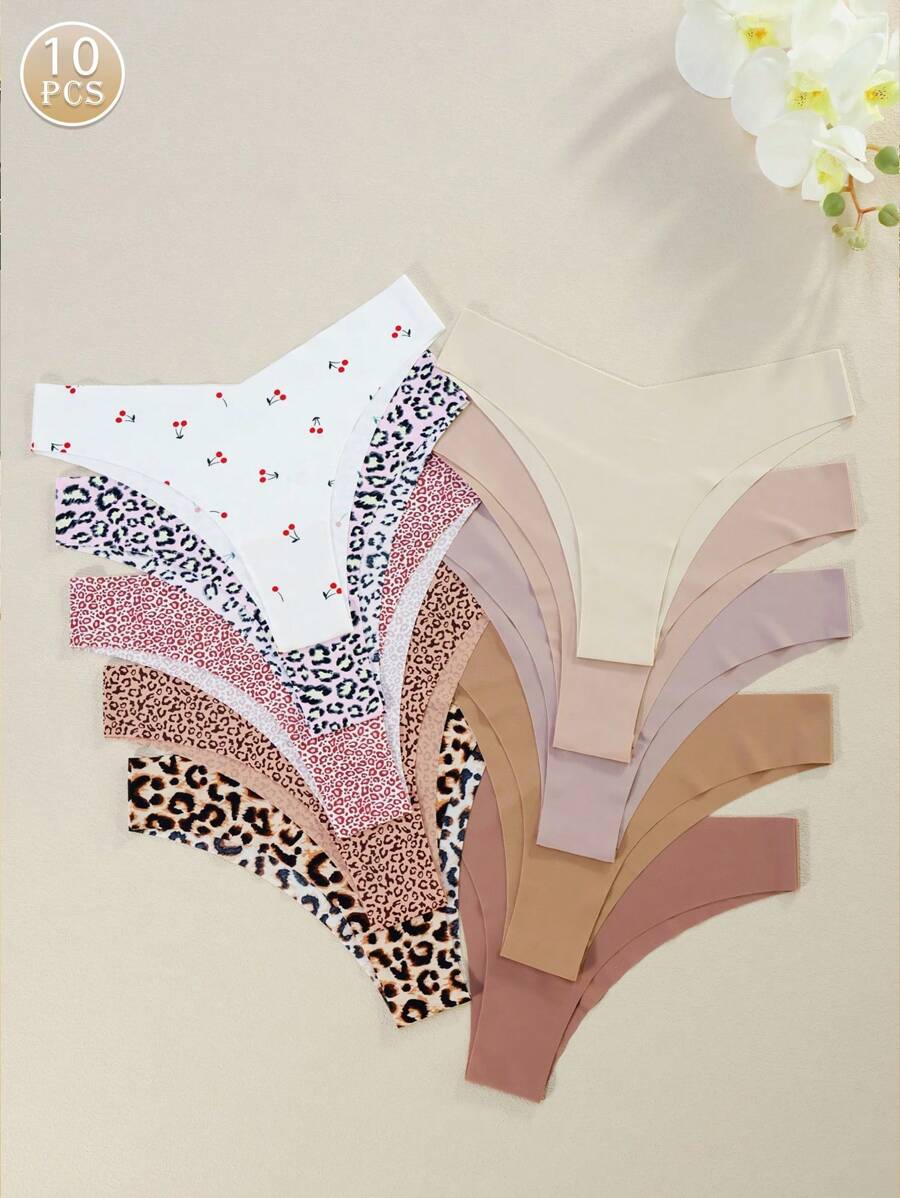 Bộ 10 quần lót bikini liền mạch cho nữ tông màu Maillard, họa tiết da báo thanh lịch có cạp hình chữ V, mềm mại và thân thiện với da - Nhiều màu - Xem 1