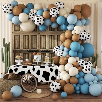 Western Cowboy Cowgirl Theme Balloon Garland Arch Kit, With Pink Dusty Blue Brown Nude Sand White Cow Print Latex Balloons For Farm Babyshower Birthday Party Decorations