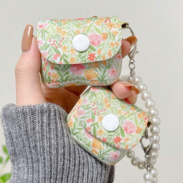 Original Minimalist Style Floral Pattern Neoprene Wireless Earphone Protective Case, Compatible With Airpods 1/2, AirPods 3, AirPods Pro, AirPods Pro 2, AirPods 4, With Faux Pearl Charm