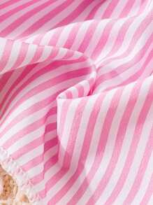 2 件套女婴套装：可爱盖袖条纹衬衫和蝴蝶结短裤，春夏