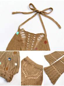 ChicMe 2 Pieces Halter Sleeveless Crop Top And Casual Hollow-Out Loose Fit Pants Set - Brown - View 4