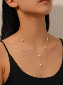 Dây chuyền hình chữ Y bằng bạc Sterling 925 đơn giản đính ngọc trai giả Dây chuyền xương đòn Thanh lịch và phong cách, phù hợp để đeo hàng ngày với quà tặng ngày lễ Trang sức chất lượng cho ngày lễ tình nhân - Bạc - Xem 1