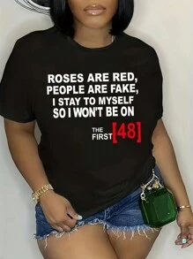 Women's Plus Size Roses Are Red Print Casual Crew Neck Short Sleeve T-Shirt, Comfortable Fashion Tee For Curvy Ladies - màu đen - Xem 3