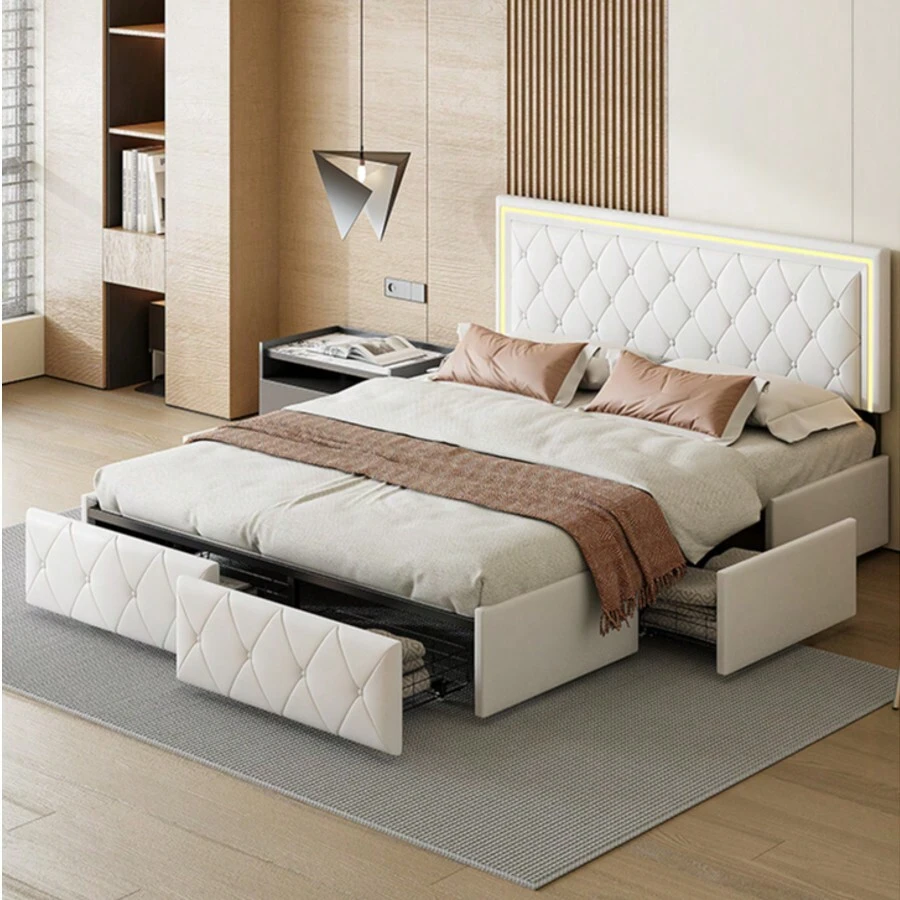 Modern Faux Leather Bed With Drawers, Stylish Faux Leather Double Bed Frame With Storage Space, 140/160 X 200 Cm, White/Grey, Without Mattress - 白色 - 查看 1