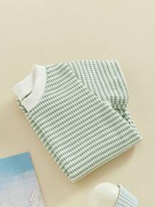 Newborn Baby Boy Girl Waffle Romper Short Sleeve Solid Striped Crewneck Bubble Oversized Bodysuit Infant Summer Outfit - 綠色 - 查看 3