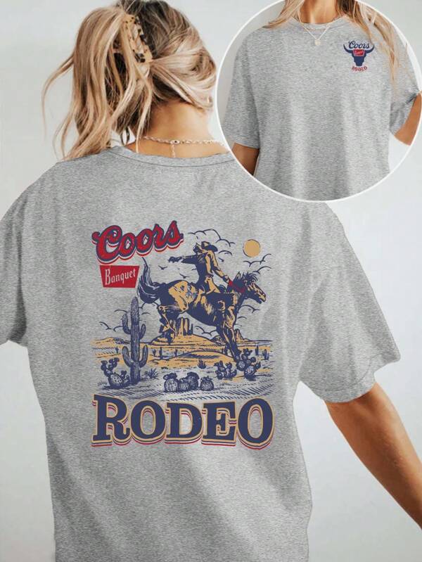 Loose Fit Short Sleeve T-Shirt, Western Cowboy Stylish High-End Campus Youth Teenage High School Y2k Retro Outdoor Simple