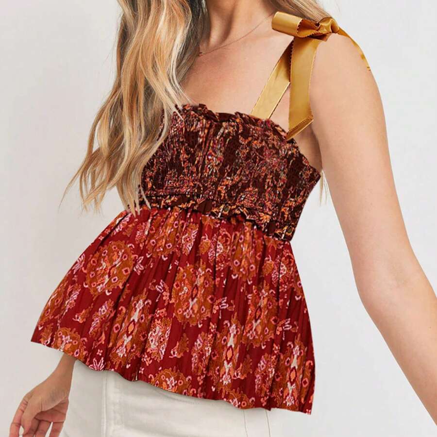 Women Summer Peplum Camisole Casual Floral Print Tie Strap Tank Tops Sleeveless T-Shirt For Club Streetwear