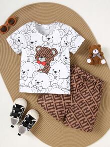 Conjunto de 2 piezas de top de manga corta de cuello redondo y shorts a juego con estampado de osito de dibujos animados para niñas, para verano