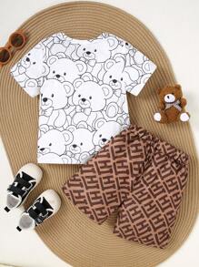 Conjunto de 2 piezas de top de manga corta de cuello redondo y shorts a juego con estampado de osito de dibujos animados para niñas, para verano