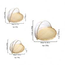 1 pieza Rejilla de secado de bambú con cubierta de malla, vaporera tejida de bambú a prueba de plagas para el hogar, canasta de pan - color verdadero - Ver 2