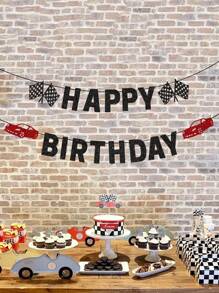 1pc Happy Birthday Banner, Race Car Theme Birthday Party Pull Flags Garland, Birthday Party Backdrop Decorations - Multicolor - View 4