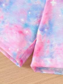 2 件夏季年轻女孩独角兽印花休闲圆领短袖上衣和扎染时尚短裤套装 - 粉色 - 查看 8