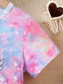 2 件夏季年轻女孩独角兽印花休闲圆领短袖上衣和扎染时尚短裤套装 - 粉色 - 查看 6