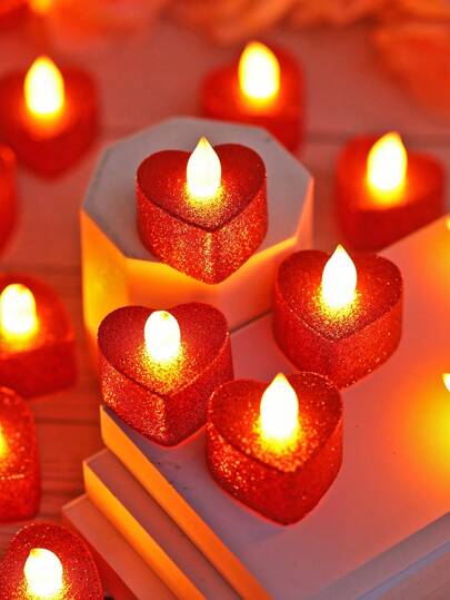 6/12/24 piezas Velas sin llama con forma de corazón con batería, luces de té rojas realistas con brillo, adecuadas para el Día de San Valentín, bodas, cumpleaños, decoración de dormitorio, ambiente de fiesta y propuesta, decoración navideña interior, decoración del hogar