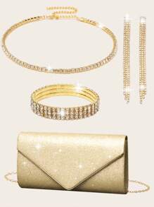 LETODE 4 件水钻首饰闪亮项链耳环手链套装优雅高端闪光 V 形翻盖晚宴包闪光信封手拿包闪光宴会手提包新娘婚礼女士新娘晚宴包舞会闪亮带可拆卸链条婚礼和派对单肩包女士钱包闪亮派对女士手提晚间金属链包手提包鸡尾酒会婚礼新款宴会包