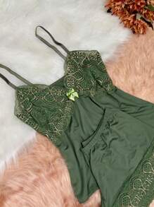 Short Doll Women's Pajama Set/ Two-Tone Lace - Green - View 2