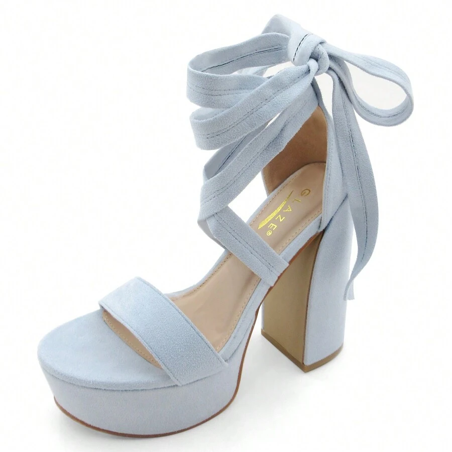 Women's Platform Sandals, Ankle Wrap Laces With Block Heel - 霧霾藍 - 查看 1
