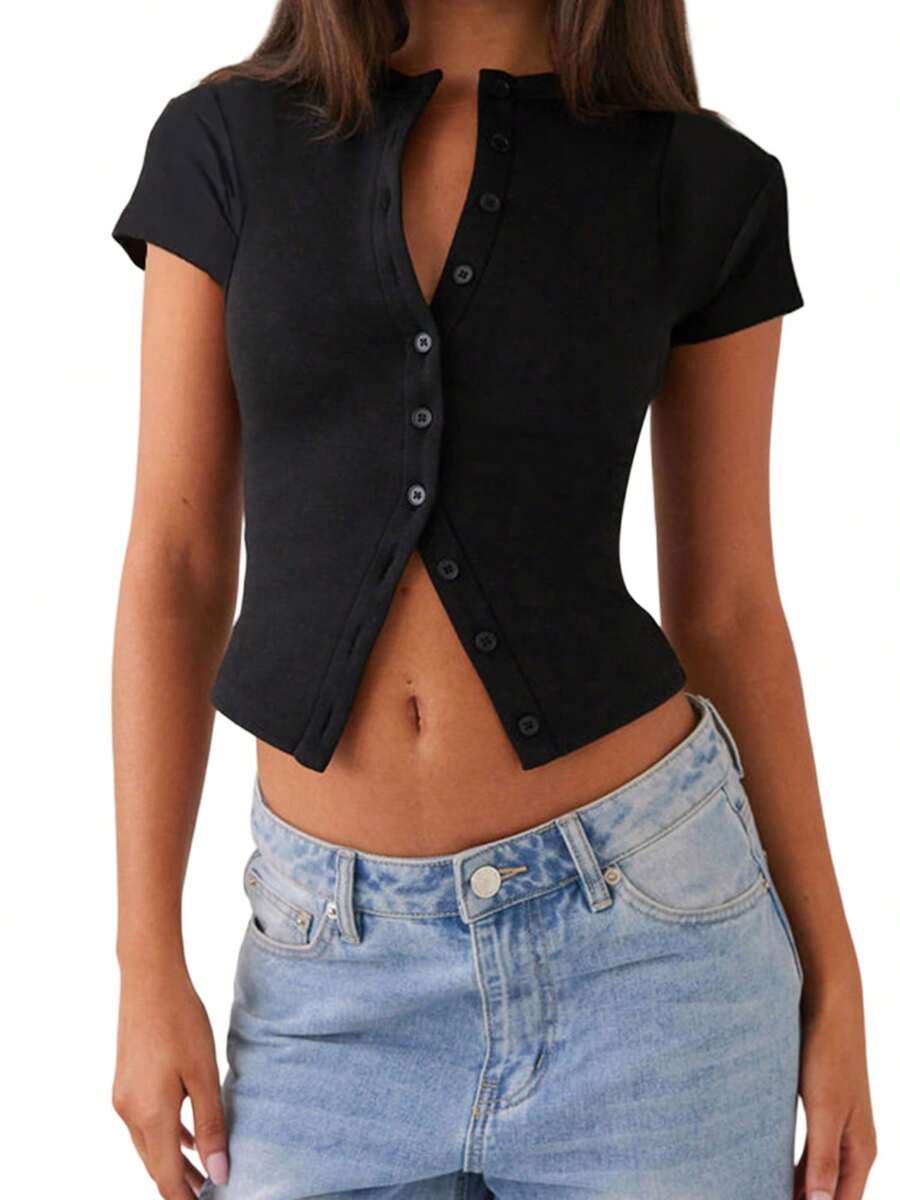 Womens Ribbed Button Down Going Out Crop Top Short Sleeve Crew Neck Tight Basic Tees Casual Cardigan Tops Solid Color T-Shirt - Black - View 1