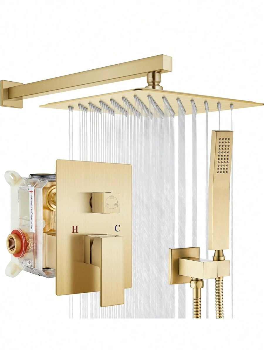 Shower Faucet Set Shower System Featuring An 8-Inch/10-Inch/12-Inch Rain Showerhead And Handheld Showerhead. Complete Shower Combination Set With Concealed Valve And Decorative Trim Kit. - Brushed Gold - View 1