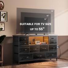 GIKPAL Dresser TV Stand For Living Room With 11 Fabric Drawers, Dresser For Bedroom With Power Outlets And RGB LED Lights, Open Shelf, Chest Of Drawers For Entryway Closet - Black Wood Grain - 查看 6