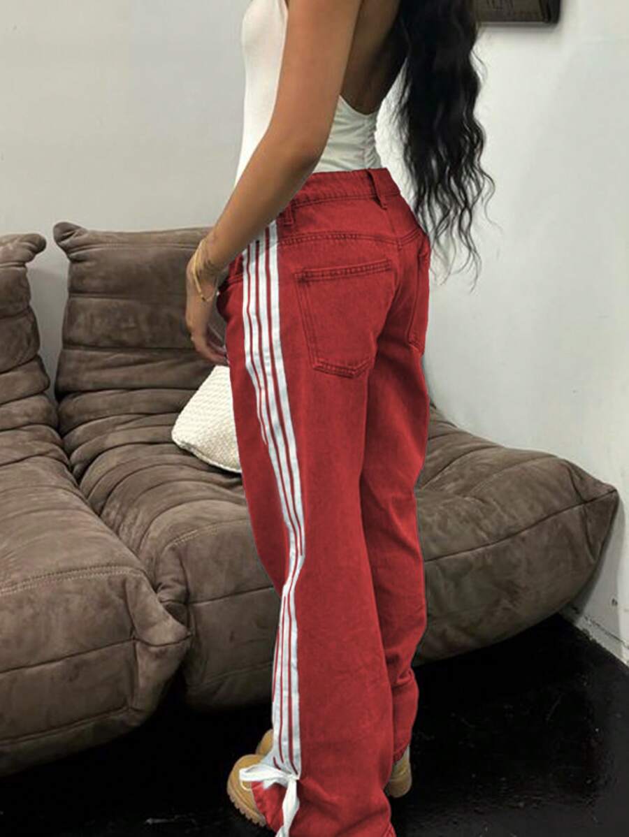 Bestselling European And American Street Fashion Y2K Minimalist Casual Daily Versatile Washed Women Straight Leg Jeans - Red - View 1